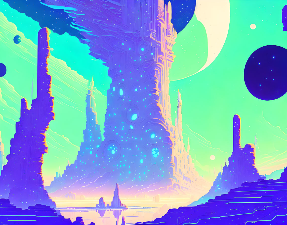 Colorful digital artwork: otherworldly landscape, towering spires, teal sky, futuristic city.