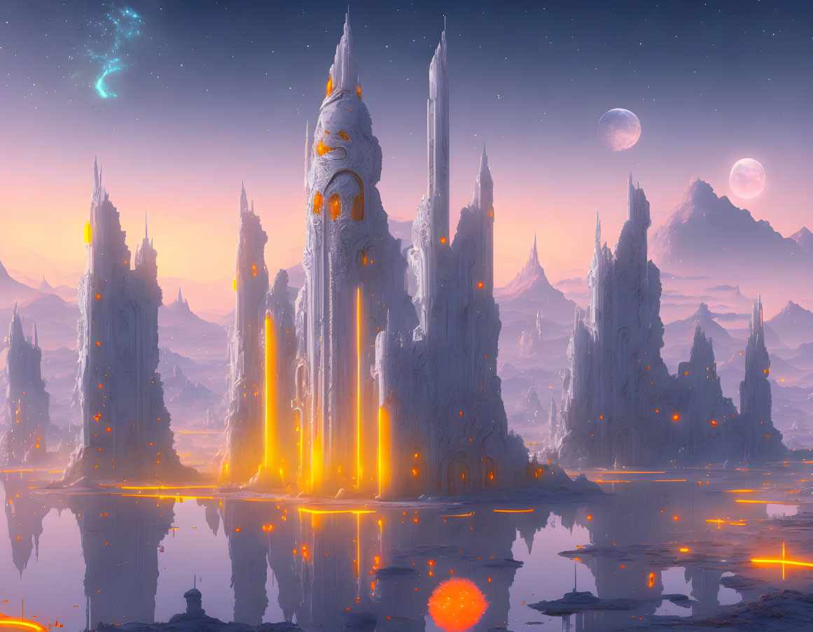 Fantastical landscape with glowing crystalline structures and multiple moons