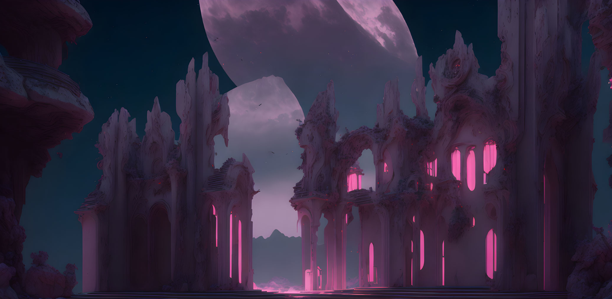 Surreal Landscape of Ancient Ruins in Pink Light