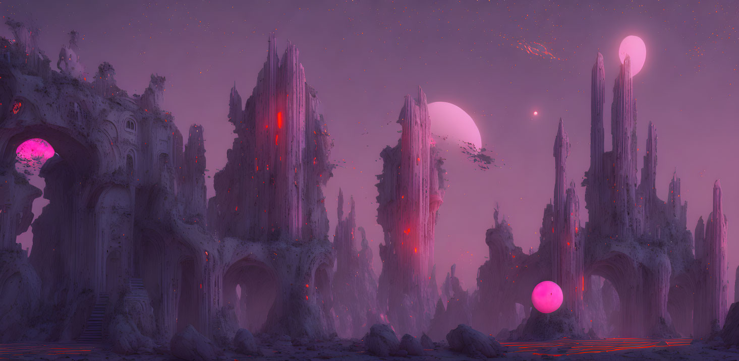 Vibrant alien landscape with pink and purple spires and two moons