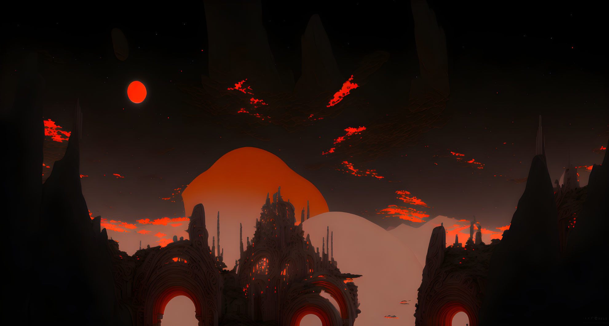 Surreal landscape with dark spiky formations, red sun, circular gates, and towering structure