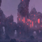 Panoramic alien landscape with glowing red rock formations under dusky purple sky