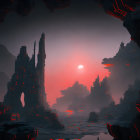 Surreal landscape with red eclipse, glowing lava veins, and misty water