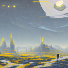 Futuristic landscape with crystalline towers and golden gate under bright sky