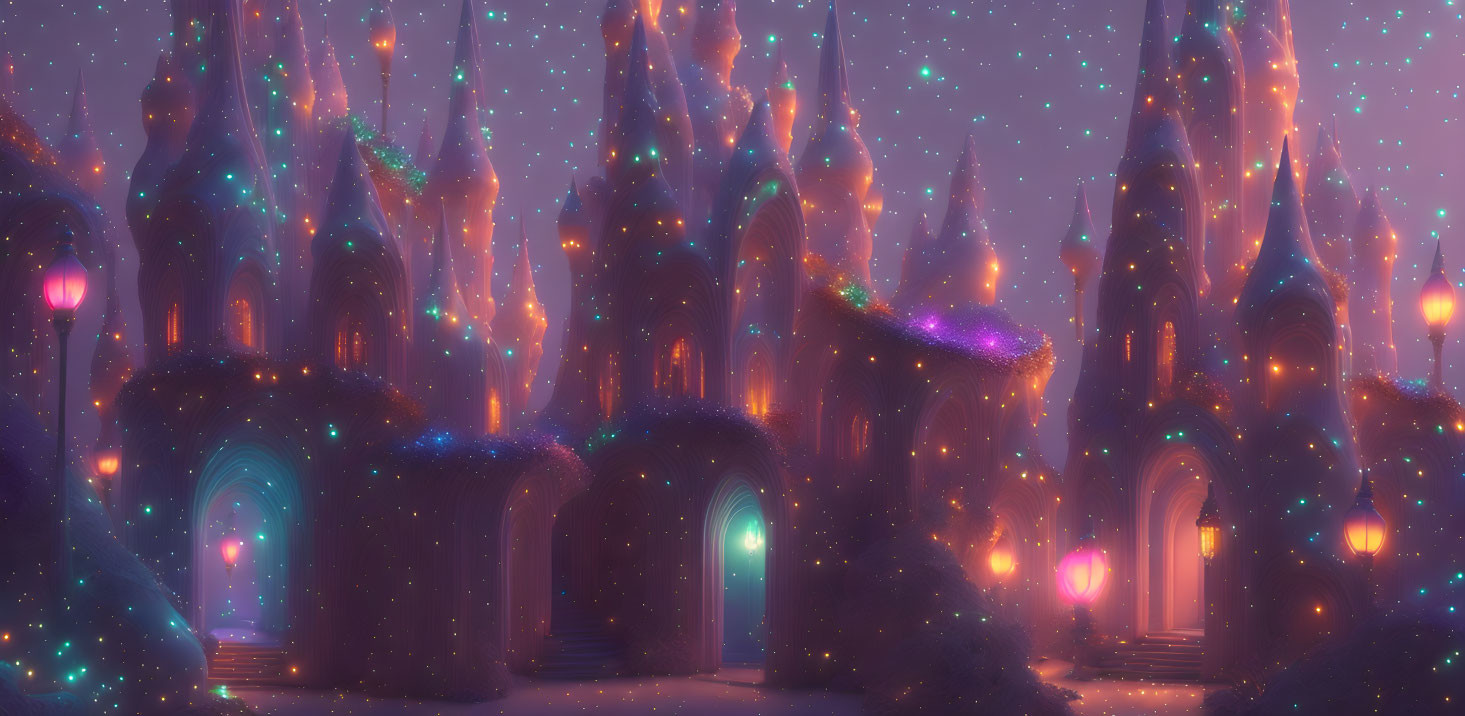 Glowing otherworldly spires in fantastical landscape