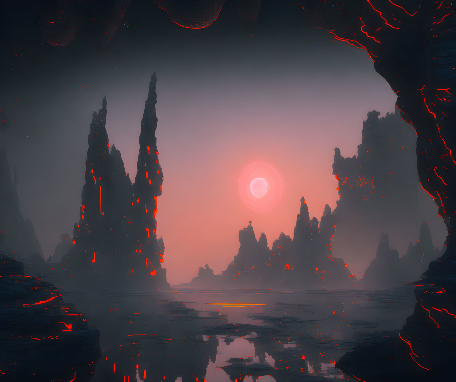 Surreal landscape with red eclipse, glowing lava veins, and misty water