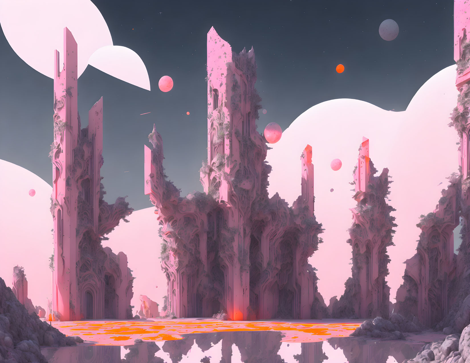 Surreal Landscape with Pink Structures and Starry Sky