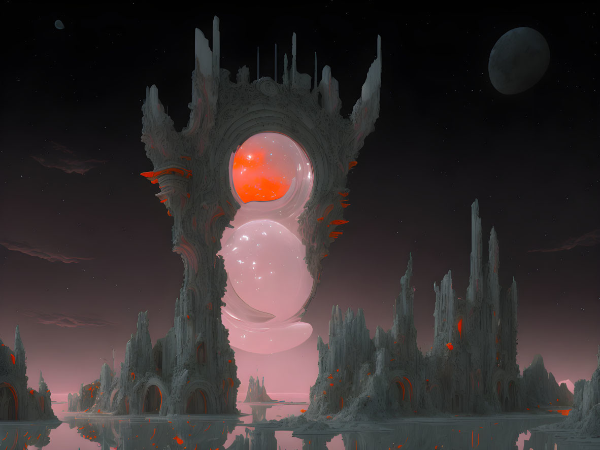 Futuristic alien landscape with towering spire and glowing orbs