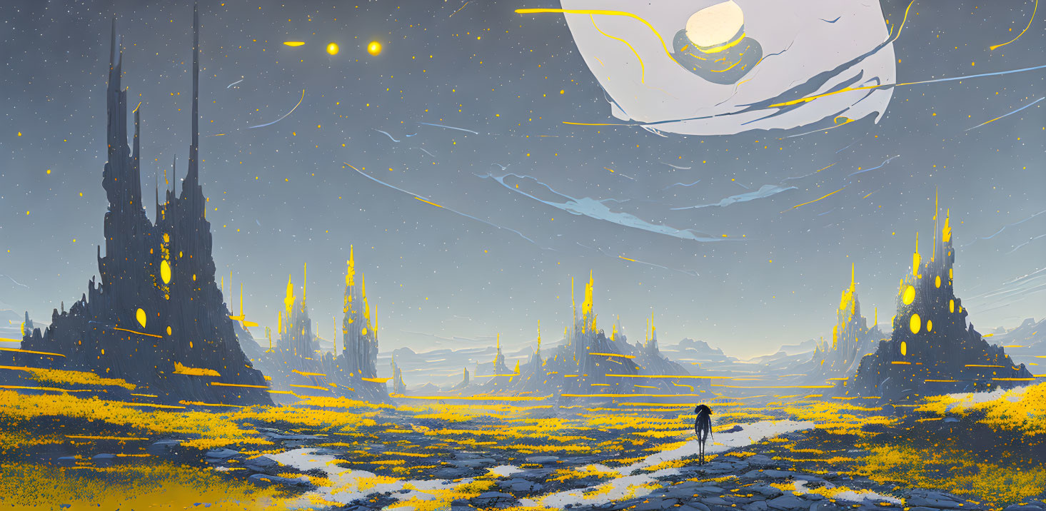 Figure in alien landscape with towering spires and celestial bodies