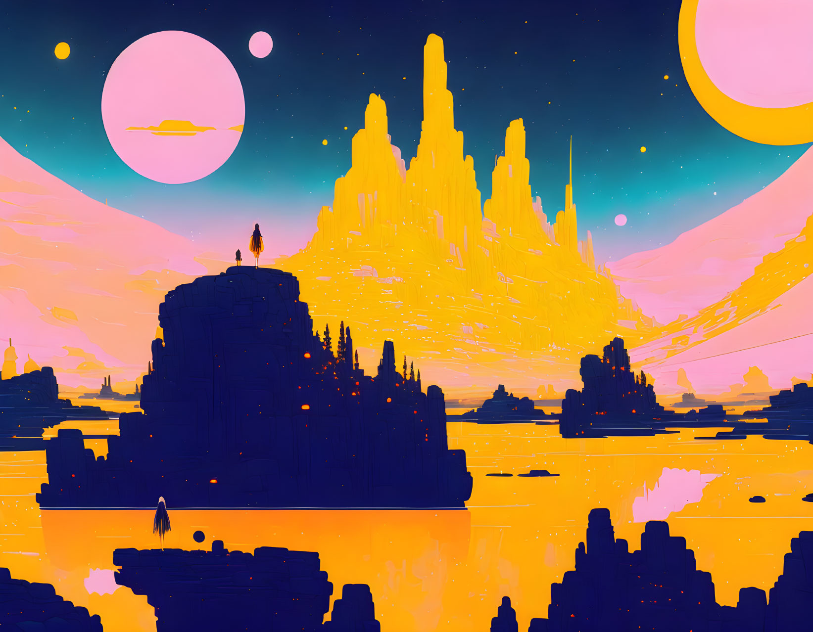 Sci-fi landscape with towering rock formations and pink moon