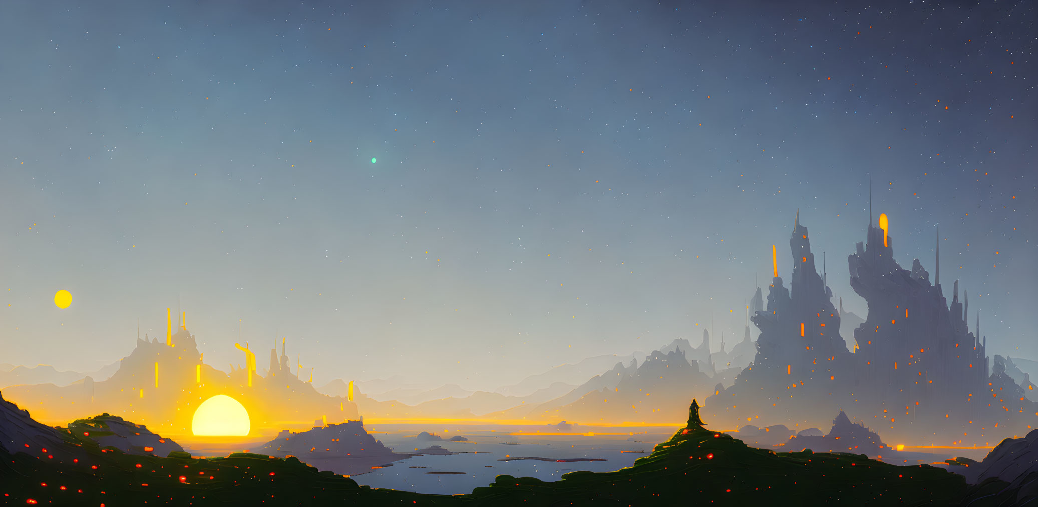 Fantasy landscape with castle on cliff, glowing lights, setting sun, starry sky