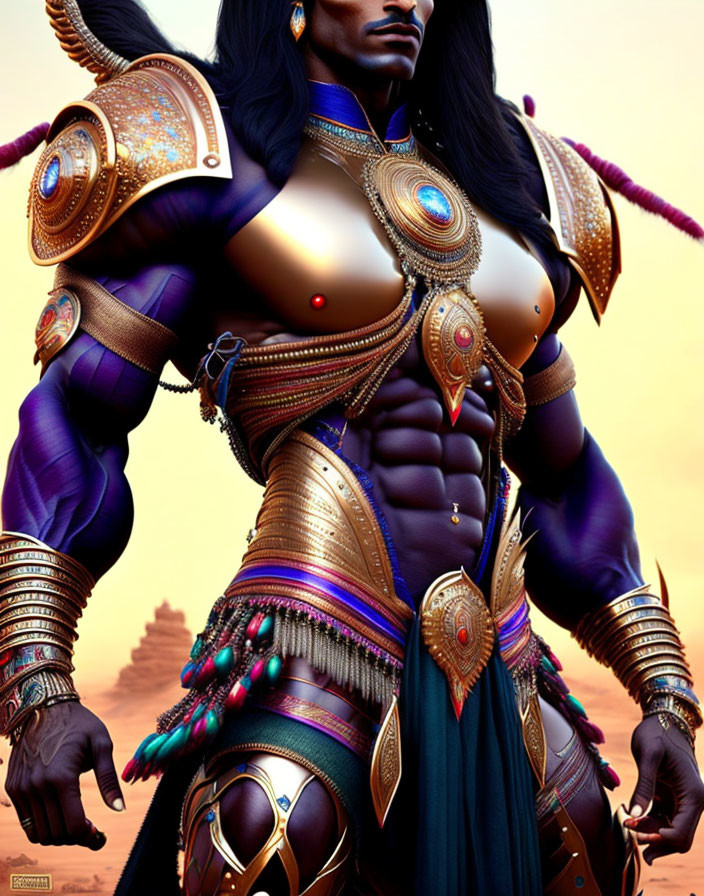 Fantasy character in ornate golden armor against desert backdrop