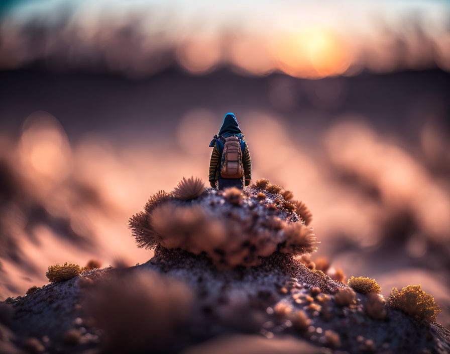 Miniature figure with backpack walking on sandy terrain at sunset