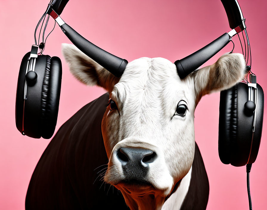 Black Headphones Cow on Pink Background Staring at Camera
