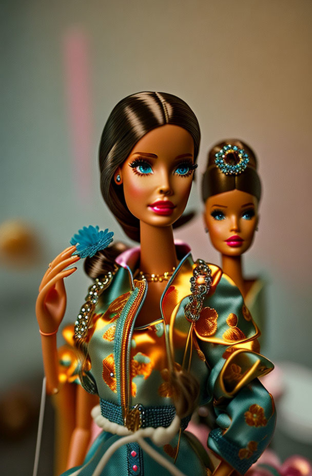 Brunette Barbie dolls in golden outfits with teal accents and blue flower on soft-focus background