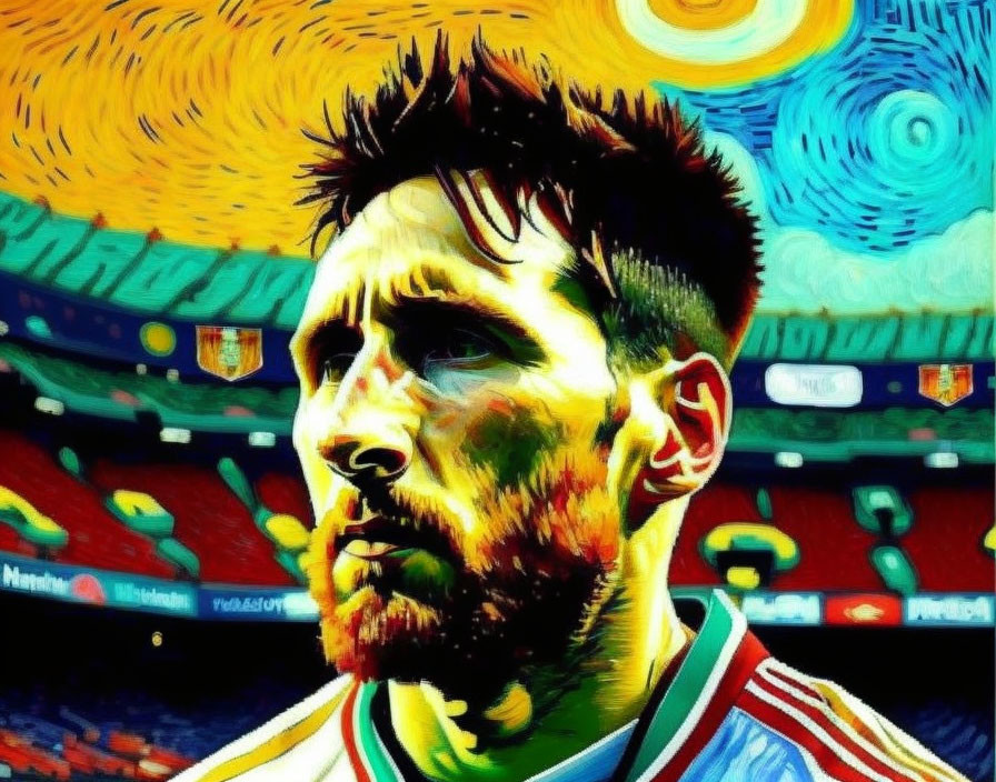 Colorful Soccer Player with Beard in Van Gogh Style Background