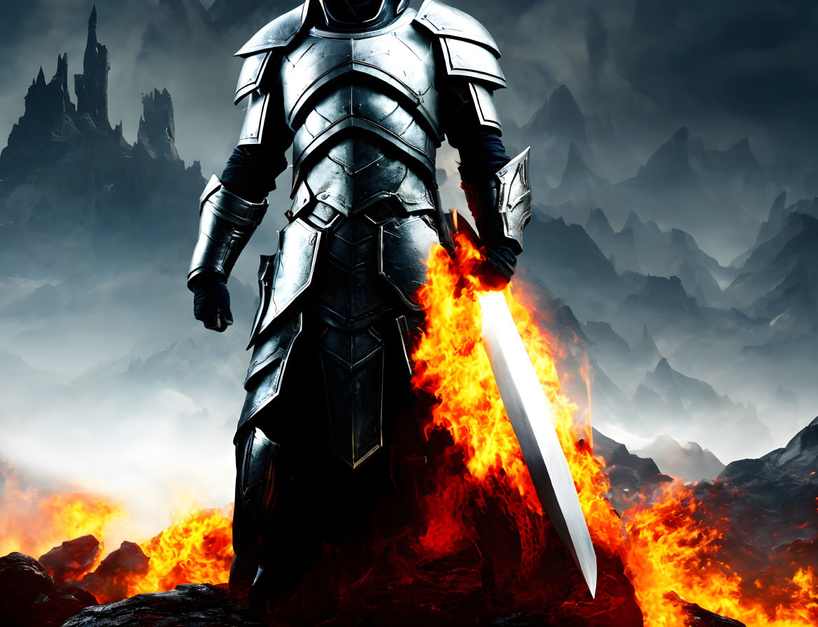 Armored knight with glowing sword in fiery landscape.