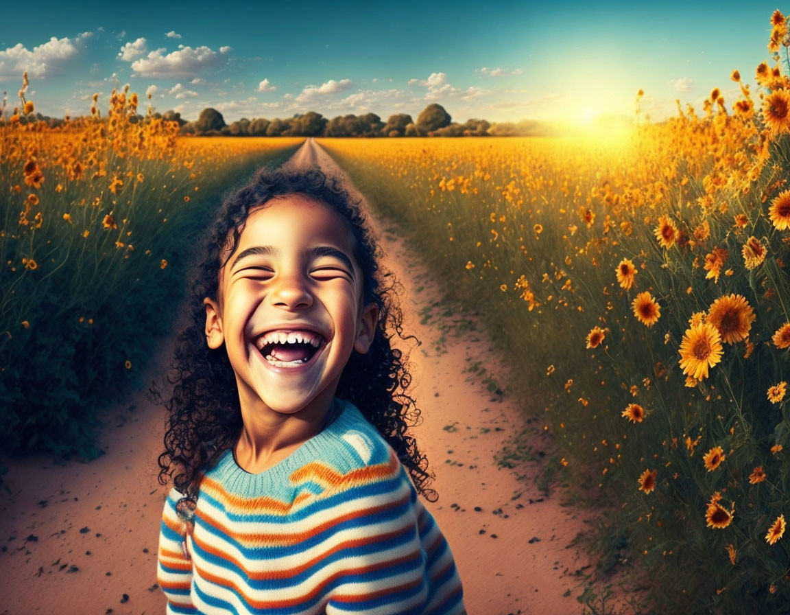 Child laughing in sunflower field at sunset