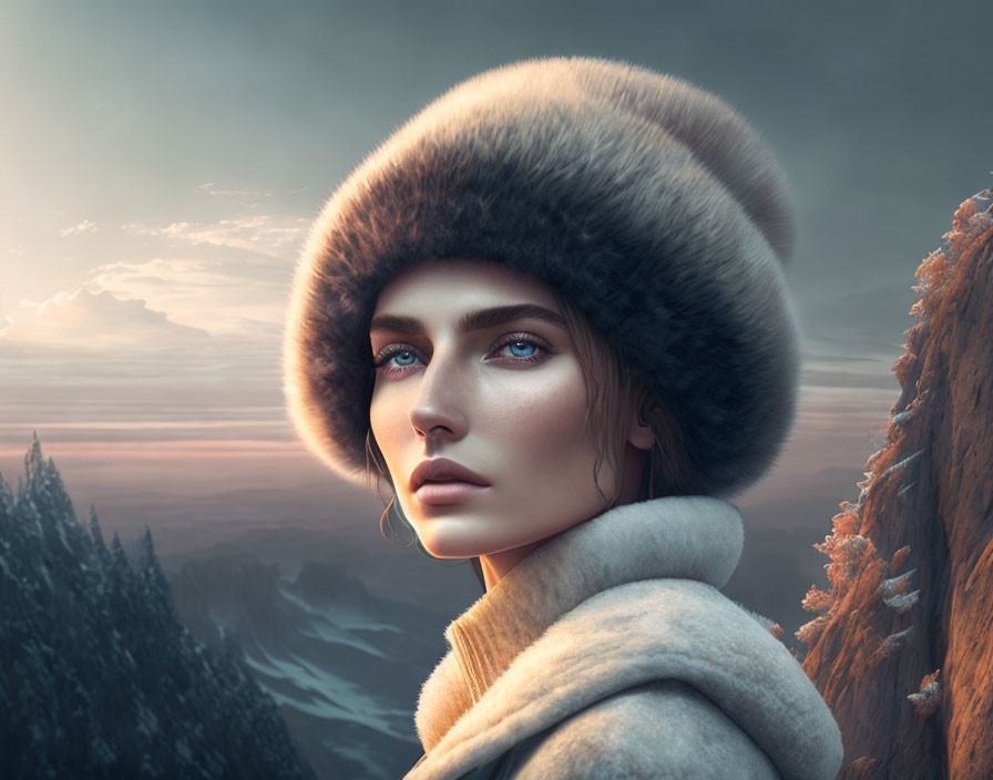 Woman with Blue Eyes in Fur Hat and Beige Coat against Mountain Sunset