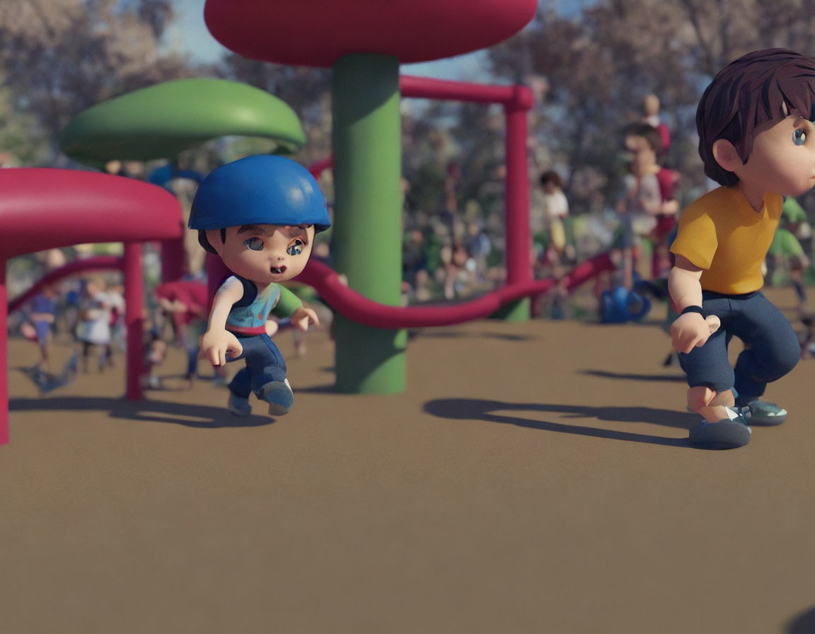 Young boy in blue helmet crouching at playground with children and play equipment.