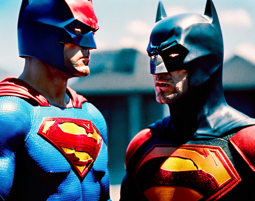 Two male superhero figures in red and blue Superman and black Batman costumes facing each other closely