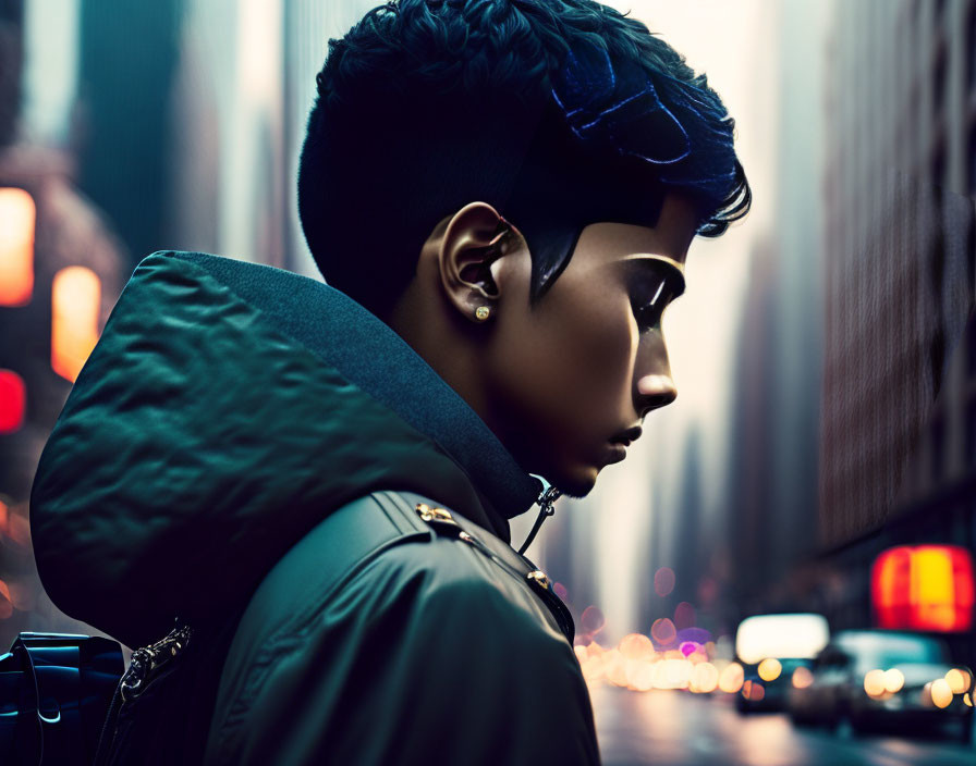 Person with Ear Piercings in Green Jacket Against City Lights
