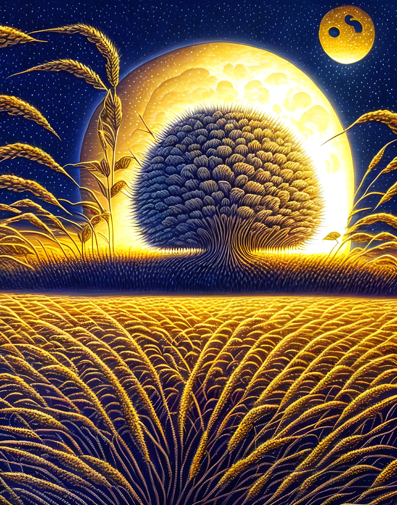 Vibrant night scene with full moon, lush tree, and golden wheat field in rich blue and