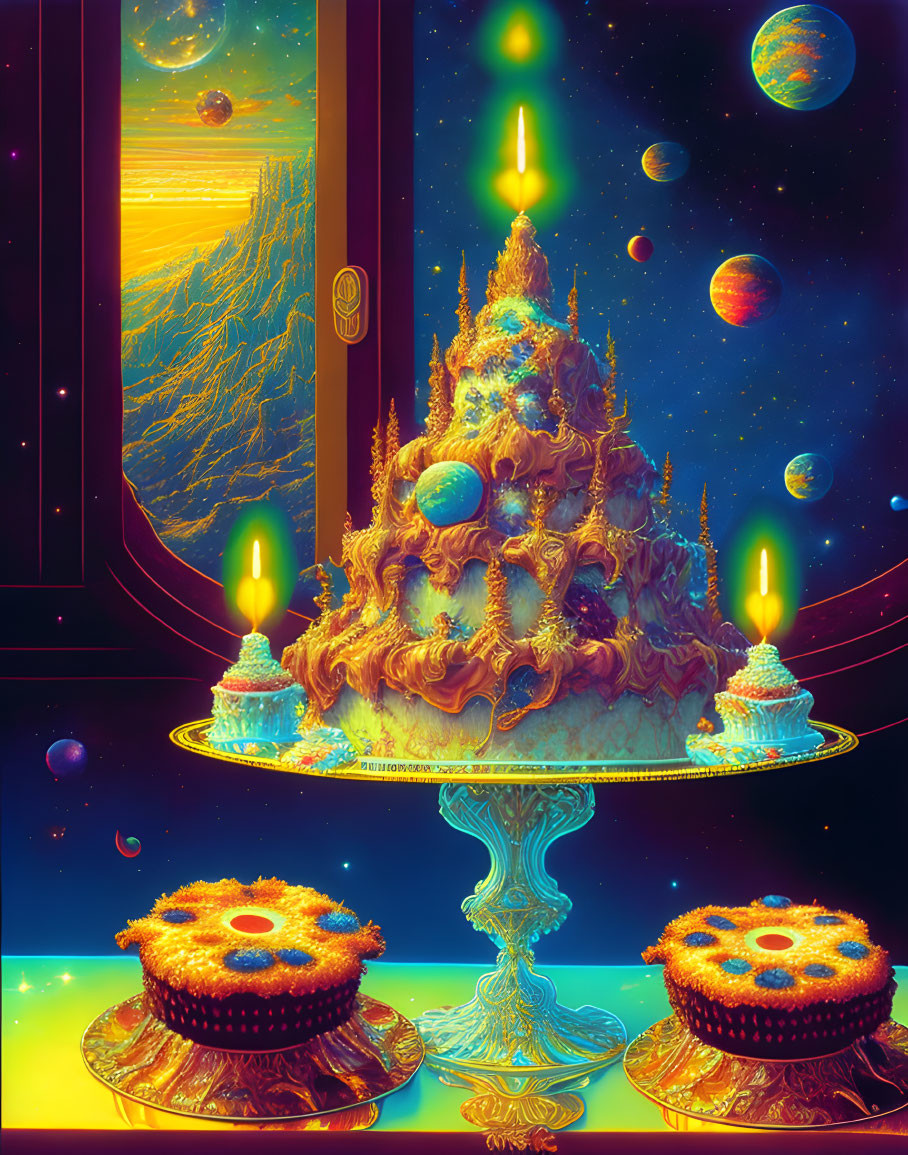 Colorful fantasy cake display with cosmic background