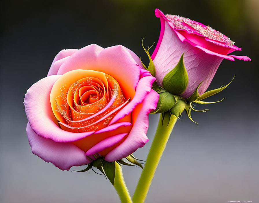 Pink rose close-up with dew-kissed center and rosebud on blurred background