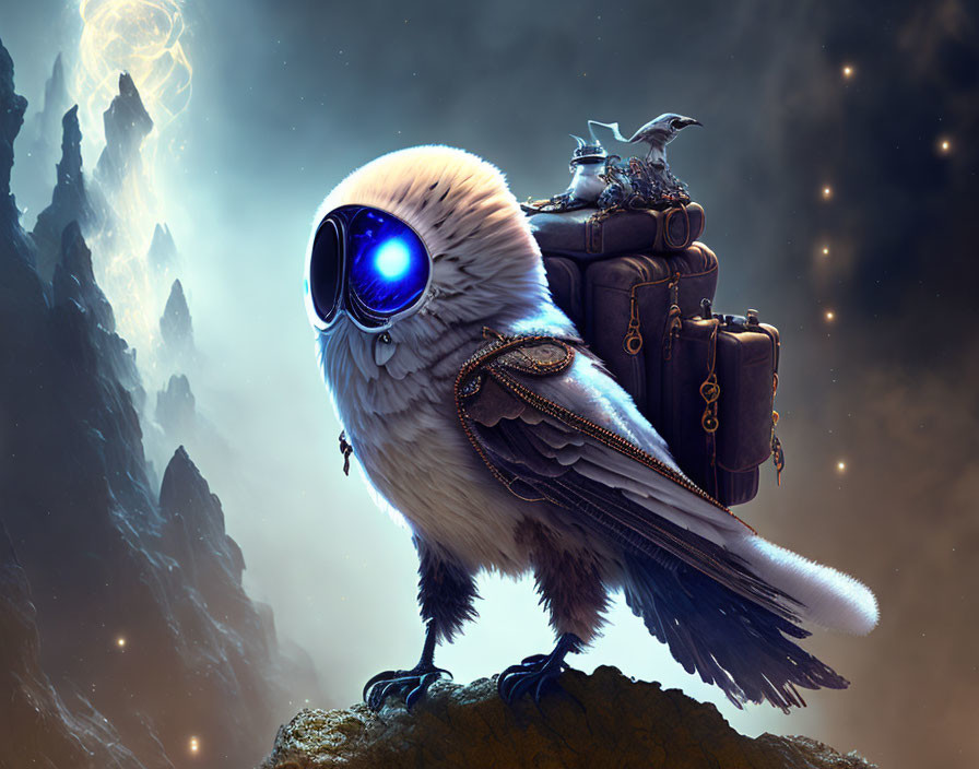 Fantastical owl with large blue eye in steampunk harness perched on rock under starry