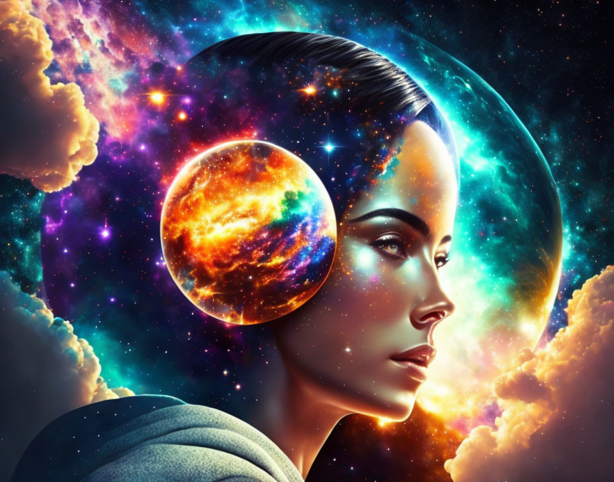 Woman's profile digital art with cosmic elements