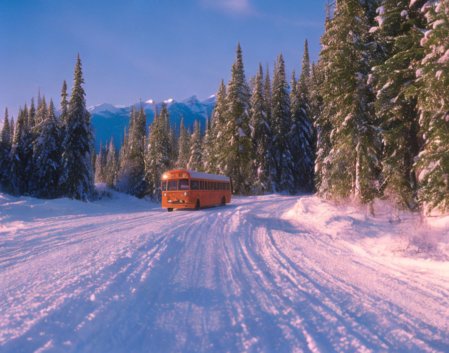 Abandoned old bus in snowy landscape with purple sky