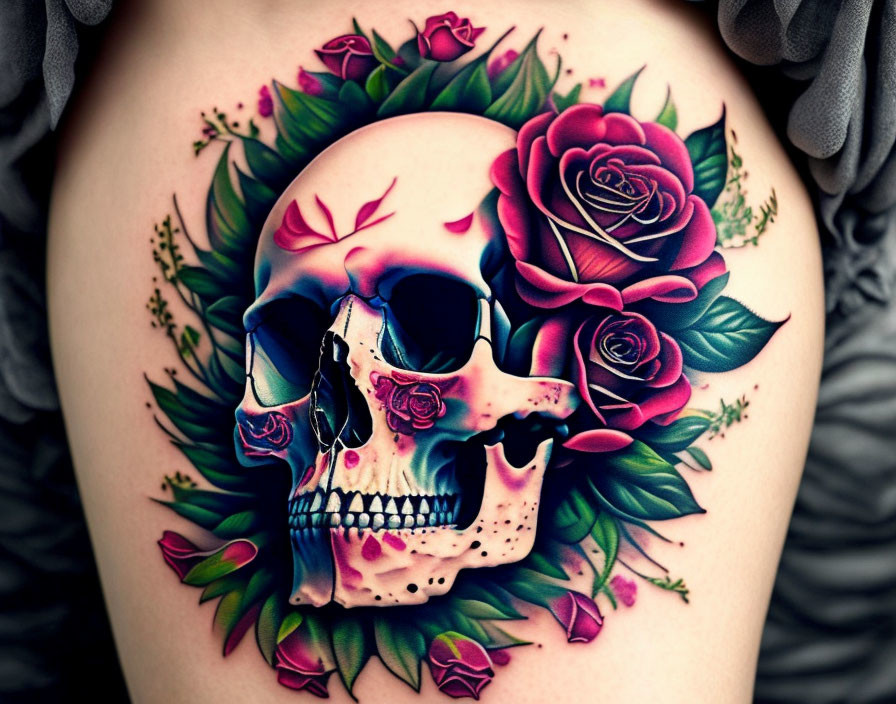 Skull and Red Roses Tattoo Design on Skin