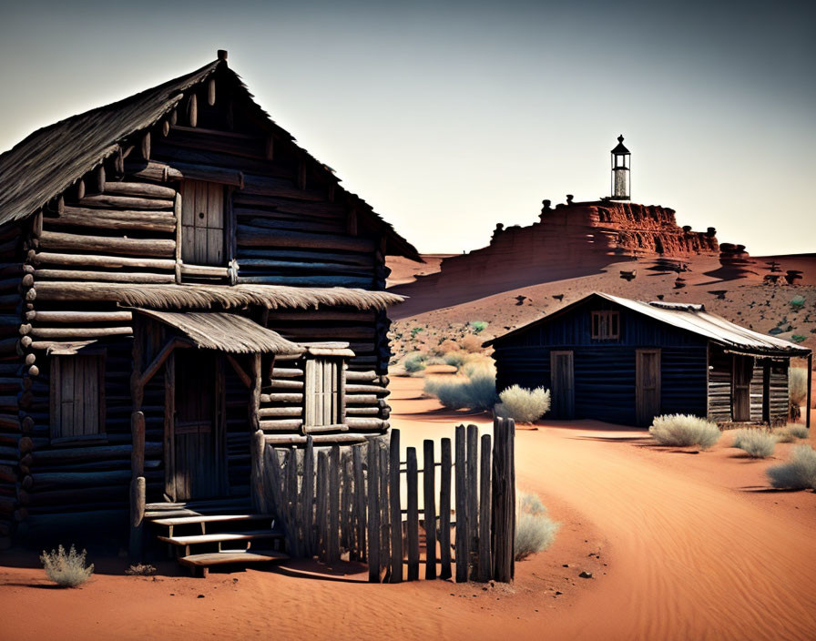 Rustic log cabin with wooden fence in desert setting