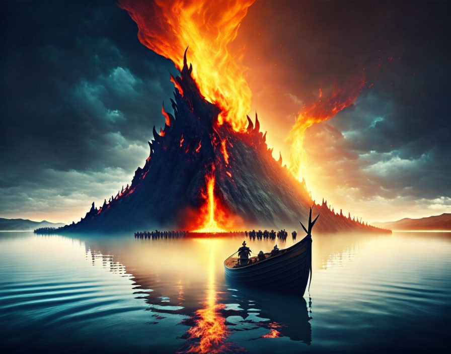 Person in boat views fiery mountain eruption at twilight