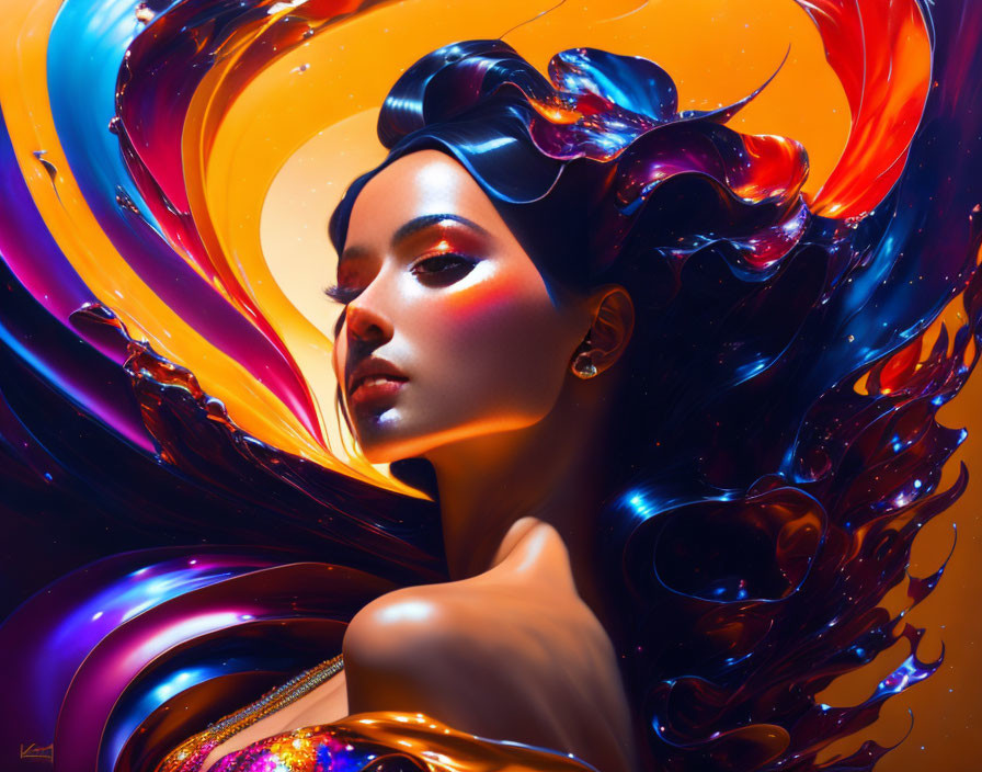 Vibrant digital artwork: Woman with flowing, colorful abstract hair in blue, orange, and purple