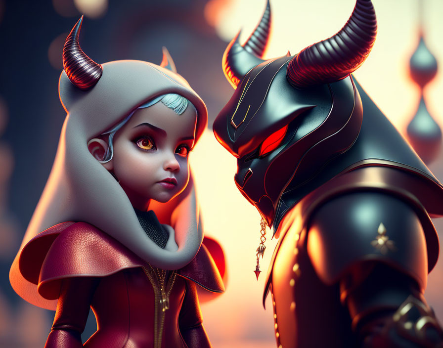 Digital Art: Young girl in red hood confronts menacing armored figure