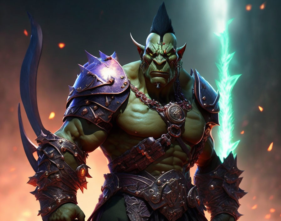 Muscular green-skinned orc in spiked armor with glowing blue axe