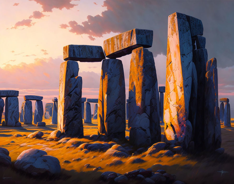 Digital painting of Stonehenge circle at sunset