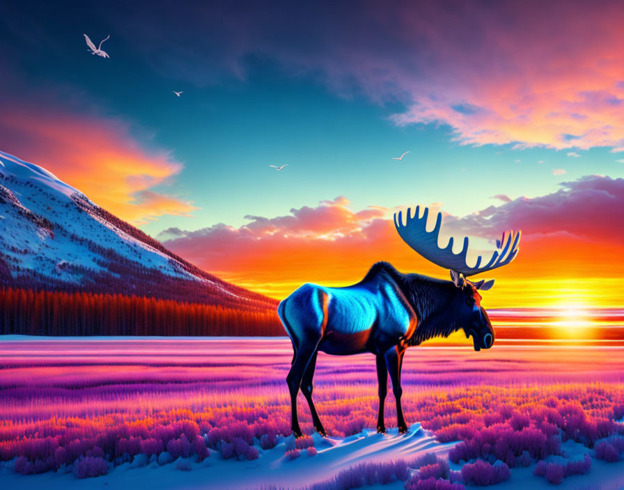 Majestic moose in vibrant fantasy landscape with birds and snow-covered hills