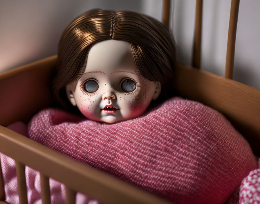 Creepy doll with dark eyes in pink blanket crib