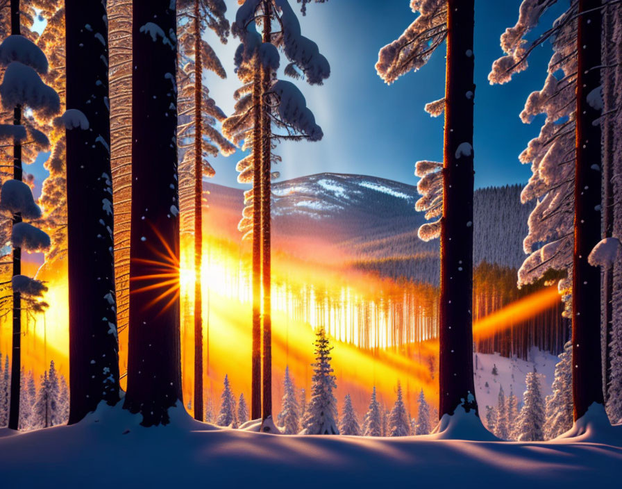 Snowy forest at sunset with long tree shadows on pristine snow