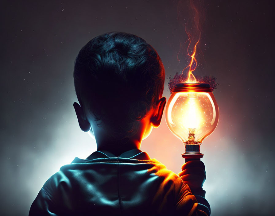 Silhouetted child with glowing, smoking bulb on dark background