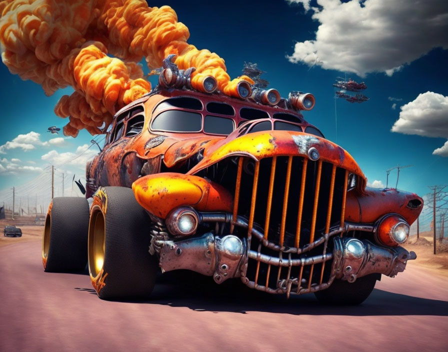 Rusty post-apocalyptic vehicle with oversized tires and flames drives on deserted road under flying ships