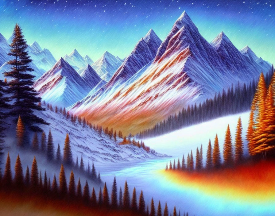 Snowy mountain range painting with evergreen forest under starry sky