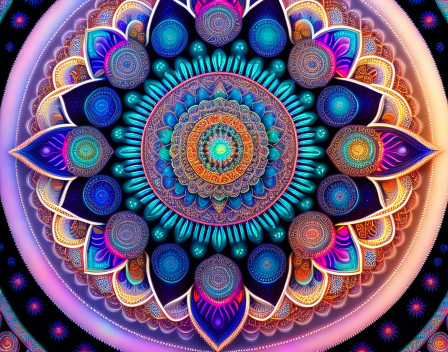 Symmetrical mandala-like digital art with intricate patterns in blues, purples, and oranges