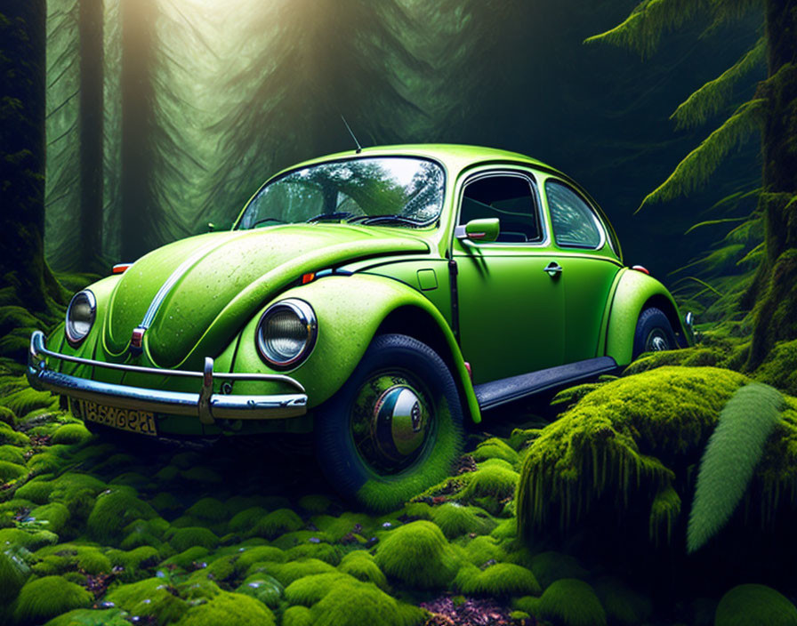 Vintage Green Volkswagen Beetle in Lush Forest Setting