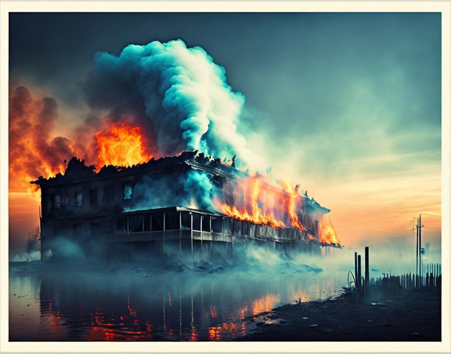 Massive building ablaze with thick smoke at sunset or sunrise near water.