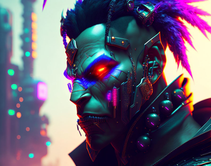 Futuristic cyberpunk character with red glowing eye and cybernetics