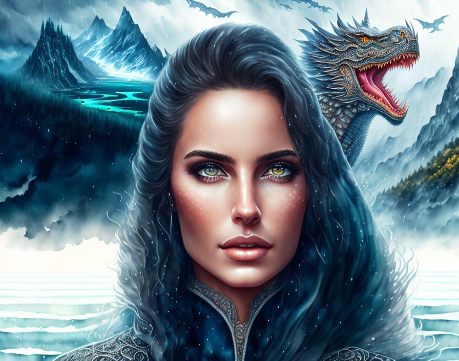 Digital Artwork: Woman with Green Eyes, Frosty Hair, Dragon, and Icy Mountains